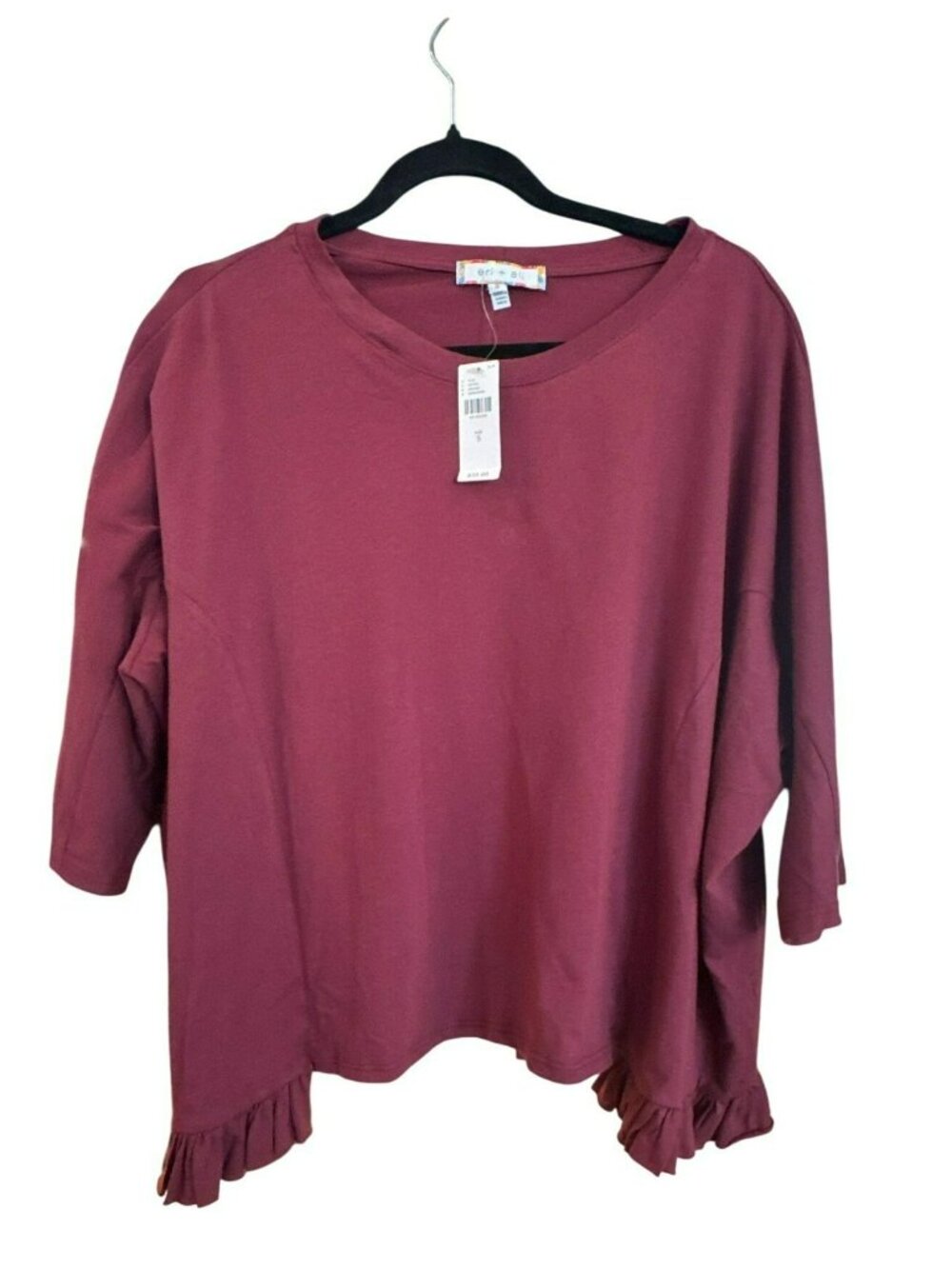 Anthropologie Eri + Ali Ruffled Step Hem Top Small NWT Wine Boho Cotton Blouse